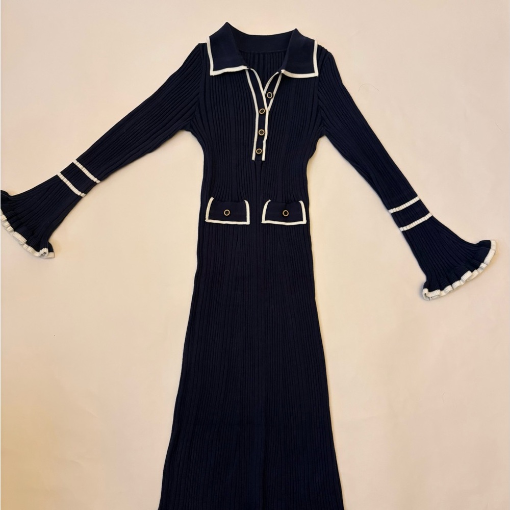 Elegant Navy Blue Dress with White Accents